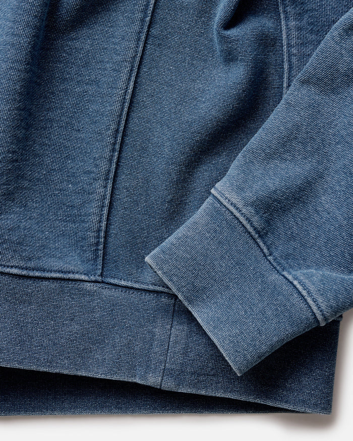 material shot of the sleeves on The Apres Crew in Washed Indigo Terry