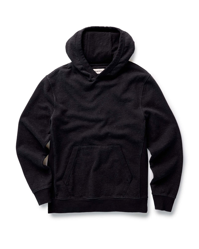 flatlay of The Apres Hoodie in Black Indigo Terry