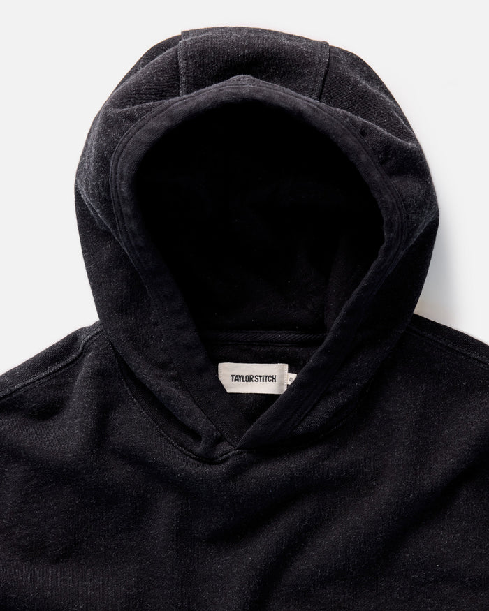 material shot of the hoodie on The Apres Hoodie in Black Indigo Terry