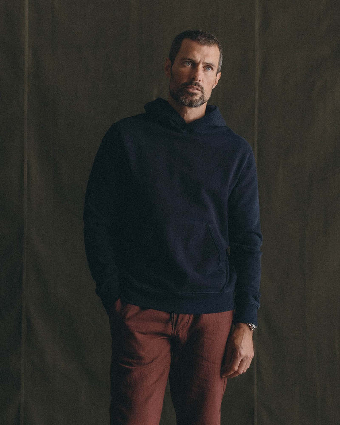 fit model in The Apres Hoodie in Indigo Terry