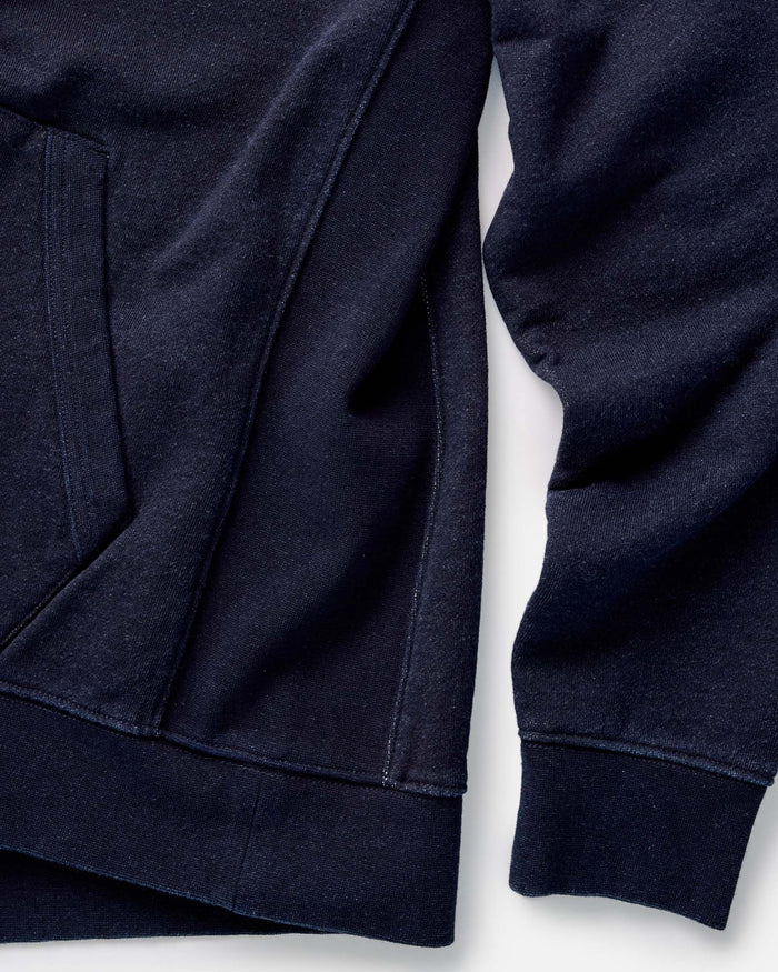 material shot of the hoodie on The Apres Hoodie in Indigo Terry