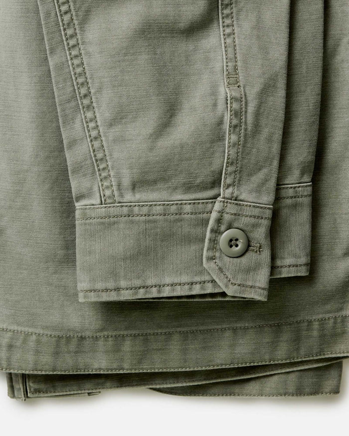 material shot of the cuffs on The Surplus Jacket in Field Olive Reverse Sateen