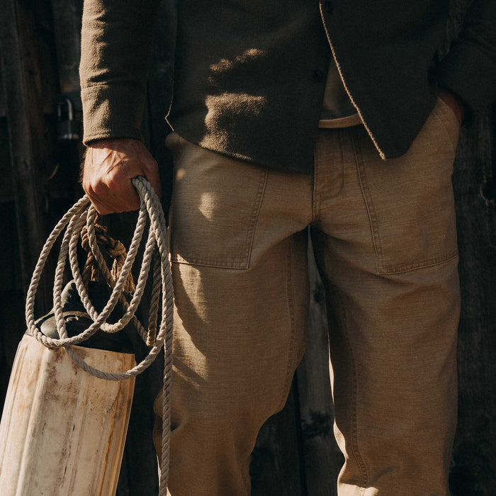 fit model showing off The Surplus Pant in Khaki Reverse Sateen
