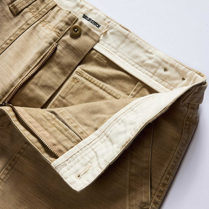 material shot of the zipper on The Surplus Pant in Khaki Reverse Sateen