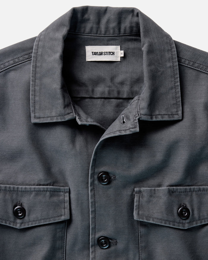 material shot of the collar on The Surplus Shirt in Faded Black Reverse Sateen