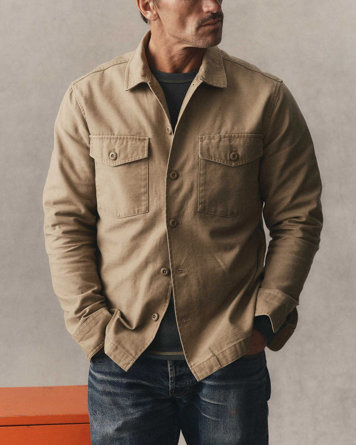 fit model posing in The Surplus Shirt in Khaki Reverse Sateen