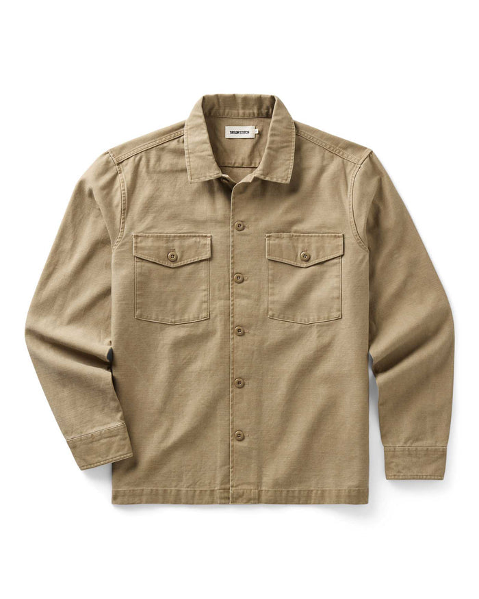 material shot of the collar on The Surplus Shirt in Khaki Reverse Sateen