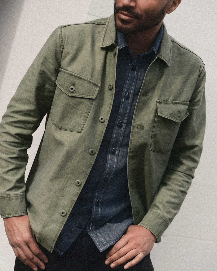 fit model posing in The Surplus Shirt in Field Olive Reverse Sateen