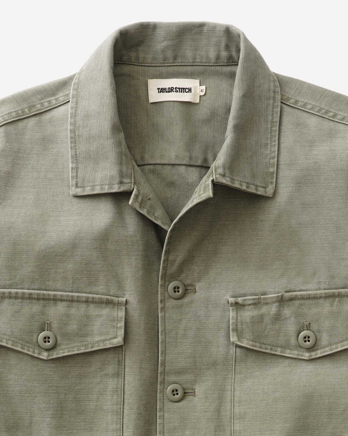 material shot of the collar on The Surplus Shirt in Field Olive Reverse Sateen
