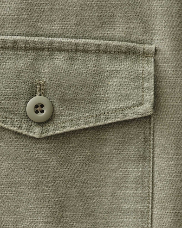 material shot of the pocket on The Surplus Shirt in Field Olive Reverse Sateen