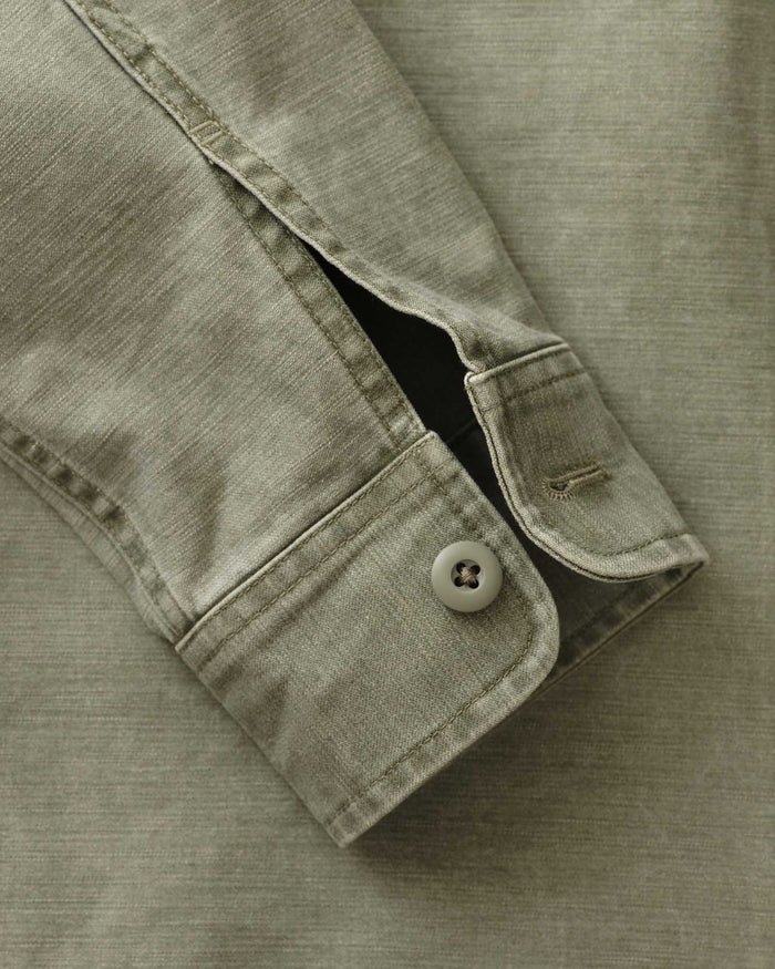 material shot of the sleeve on The Surplus Shirt in Field Olive Reverse Sateen