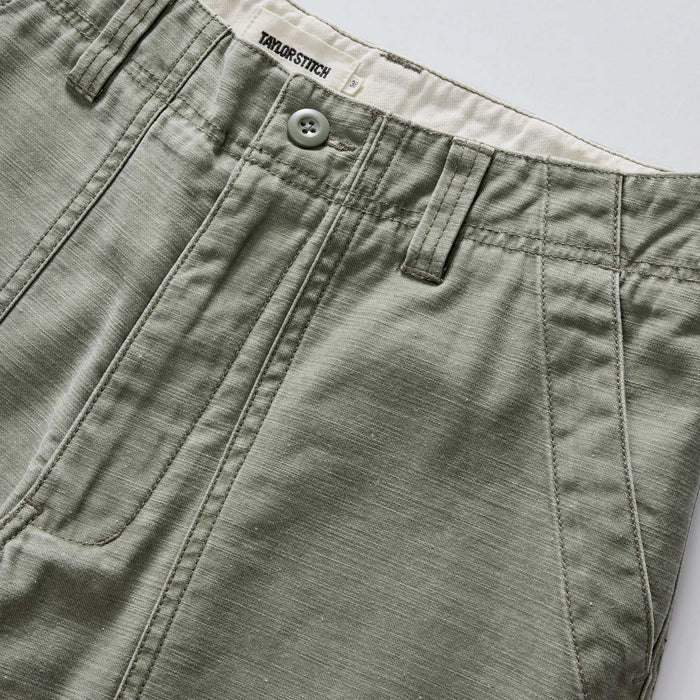 material shot of the waistband on The Surplus Short in Field Olive Reverse Sateen
