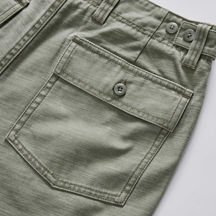 material shot of the pockets on The Surplus Short in Field Olive Reverse Sateen