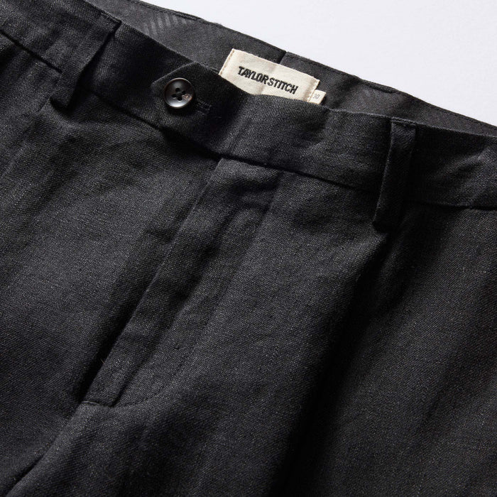 material shot of the waistband on The Thomas Trouser in Coal Linen Twill