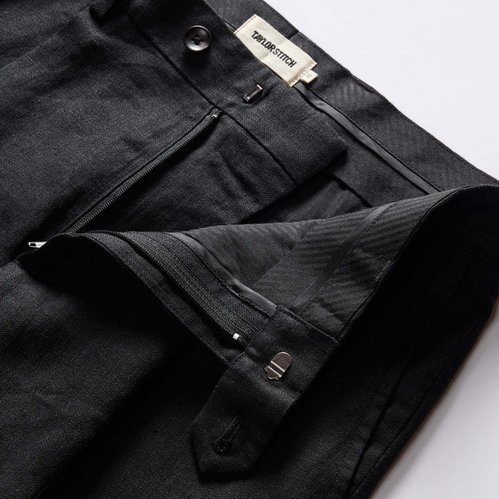 material shot of the zipper fly on The Thomas Trouser in Coal Linen Twill