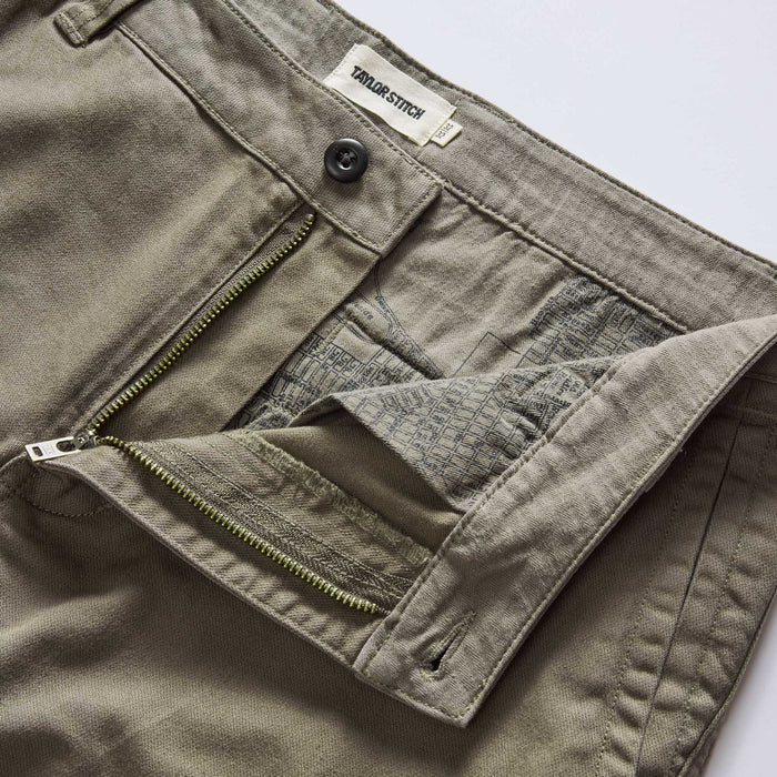 material shot of the zipper fly on The Tommie Pant in Fatigue Olive