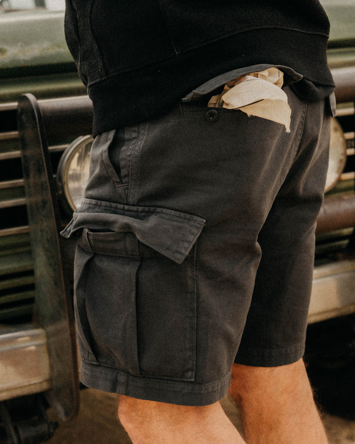 fit model showing off the back of The Tommie Short in Faded Black Broken Twill