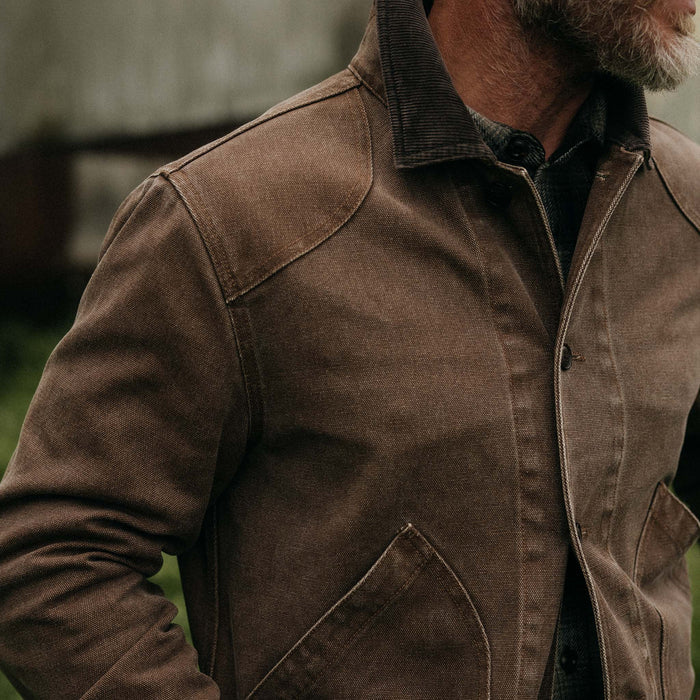 fit model showing off the shoulders on The Upland Jacket in Aged Penny Chipped Canvas