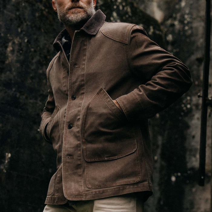 fit model wearing The Upland Jacket in Aged Penny Chipped Canvas