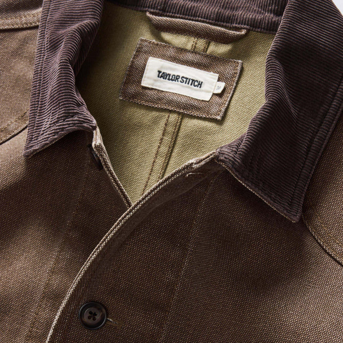 material shot of the collar on The Upland Jacket in Aged Penny Chipped Canvas
