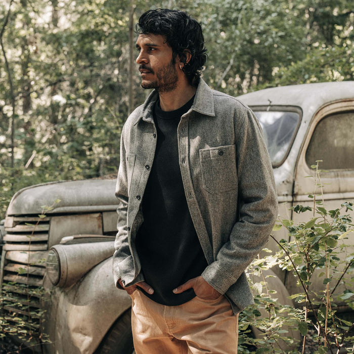 fit model wearing The Utility Shirt in Ash Donegal Wool