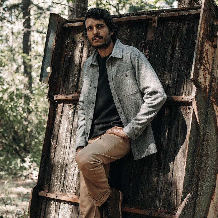 fit model posing in The Utility Shirt in Ash Donegal Wool