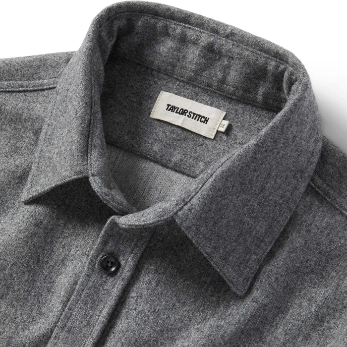 material shot of the collar on The Utility Shirt in Ash Donegal Wool