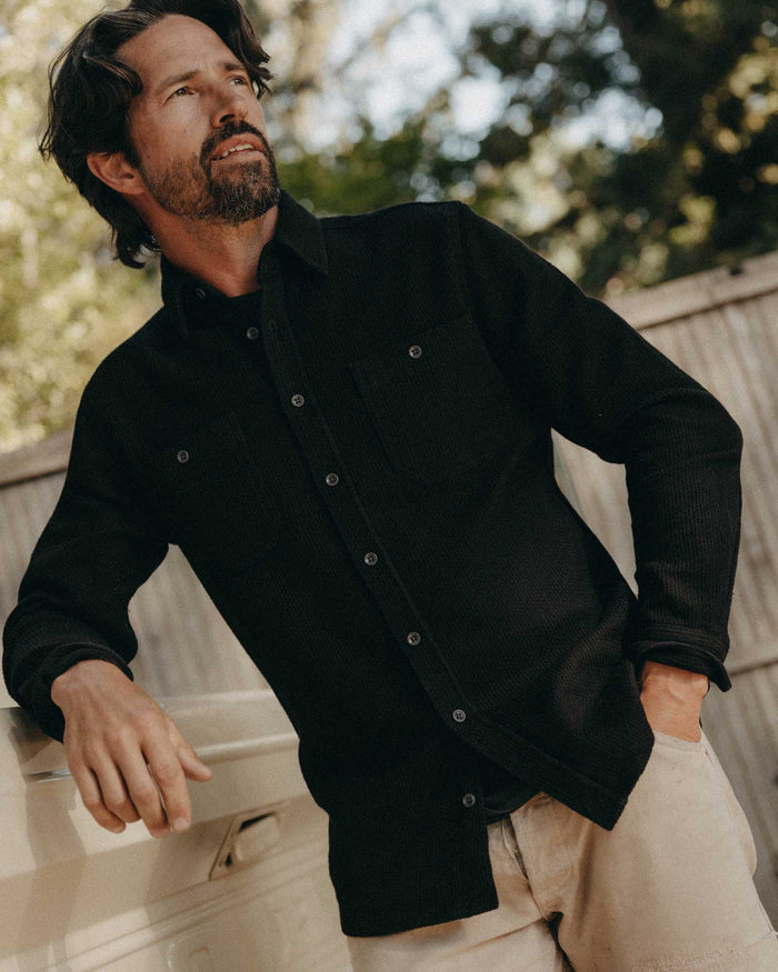 fit model posing in The Utility Shirt in Black Indigo Sashiko
