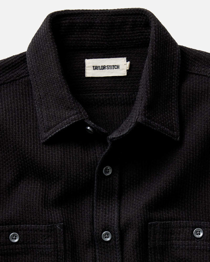 material shot of the collar on The Utility Shirt in Black Indigo Sashiko