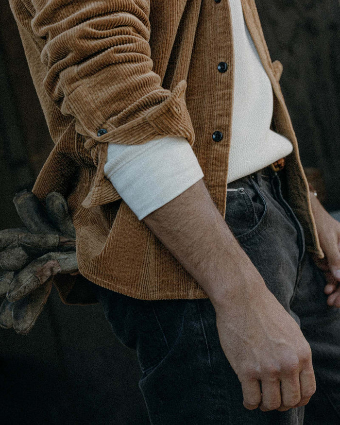 fit model posing in The Utility Shirt in Bourbon Corduroy