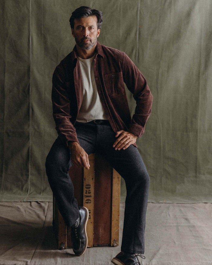 fit model posing in The Utility Shirt in Burgundy Corduroy