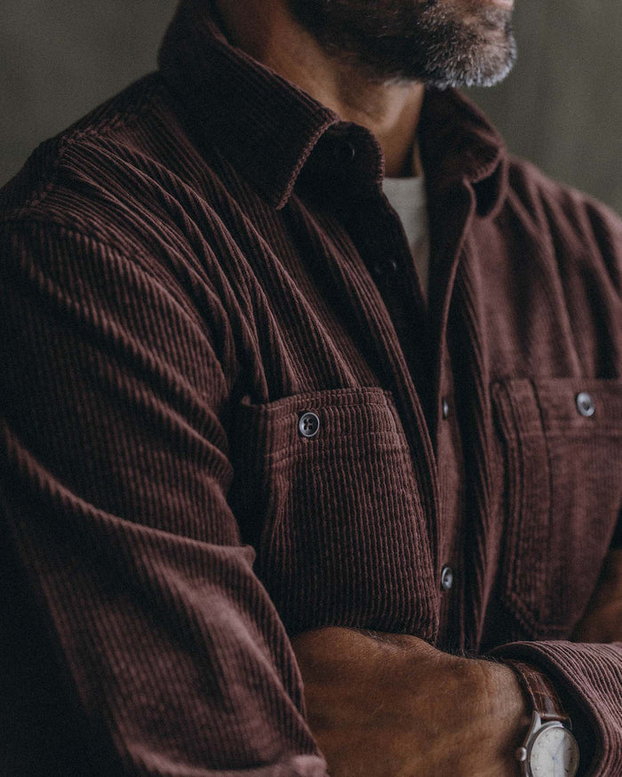fit model showing off The Utility Shirt in Burgundy Corduroy