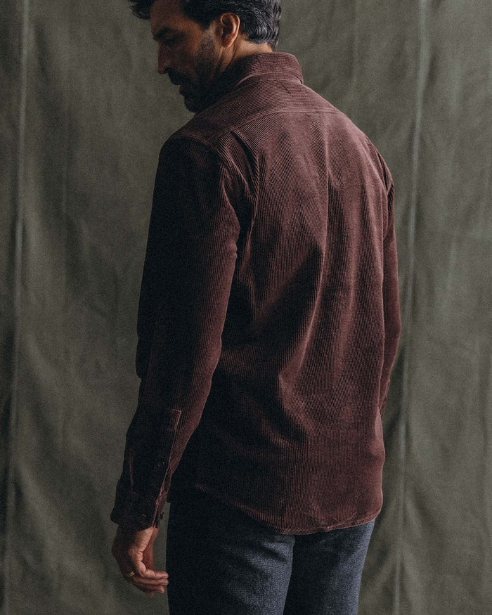 fit model posing in The Utility Shirt in Burgundy Corduroy