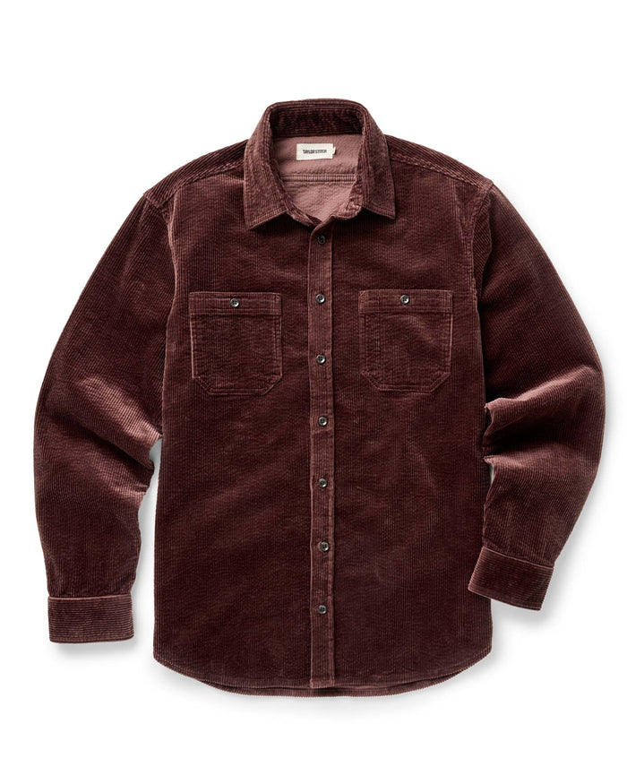 editorial image of The Utility Shirt in Burgundy Corduroy hanging