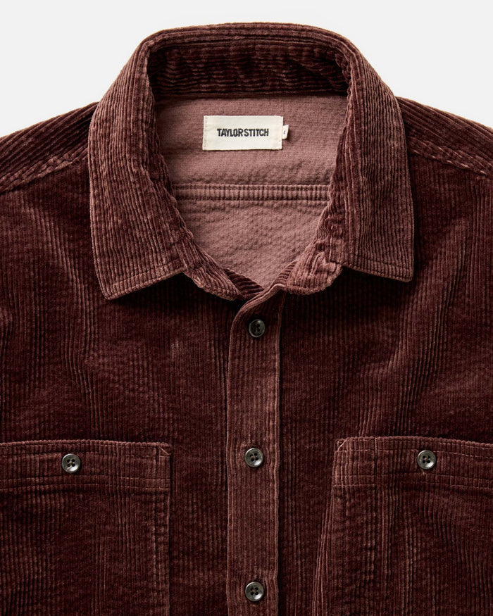 material shot of the collar on The Utility Shirt in Burgundy Corduroy