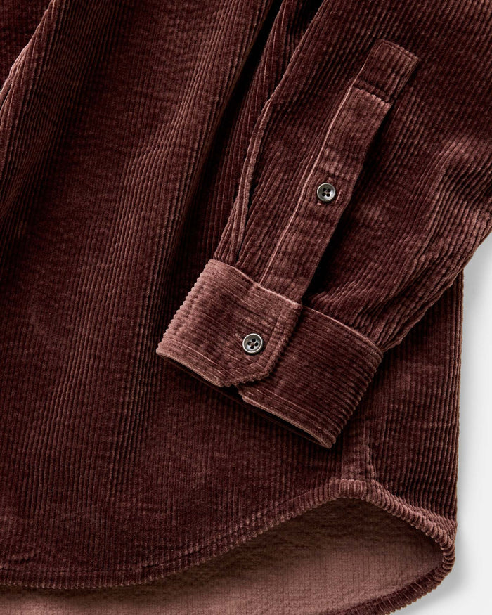 material shot of the buttons on The Utility Shirt in Burgundy Corduroy