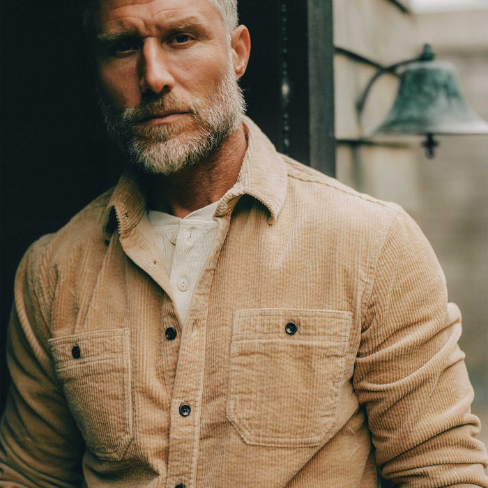 fit model showing off The Utility Shirt in Camel Corduroy