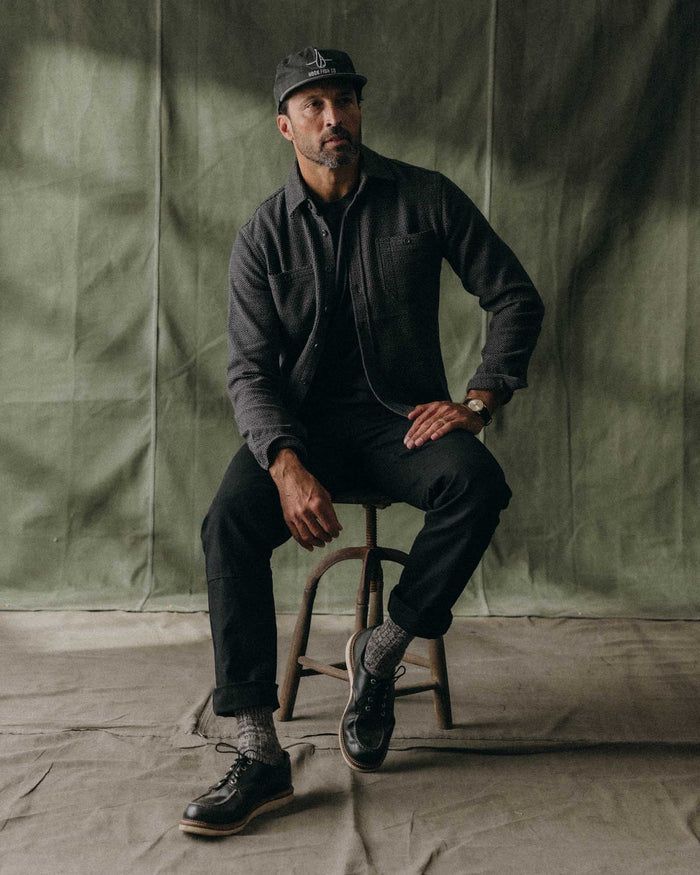 fit model posing in The Utility Shirt in Charcoal Sashiko