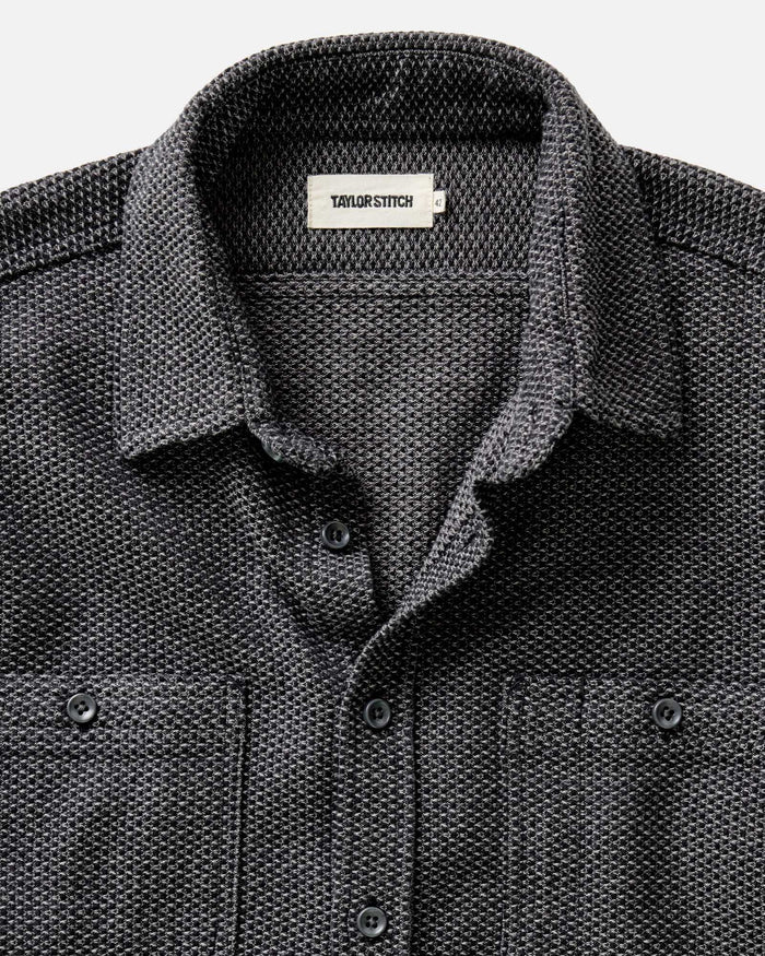 material shot of the collar on The Utility Shirt in Charcoal Sashiko