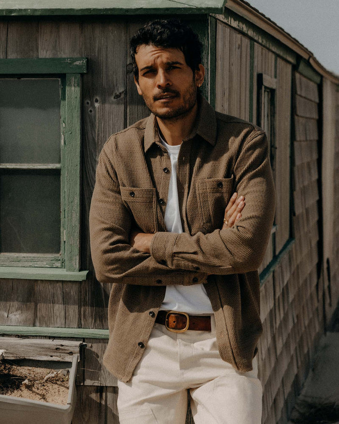 fit model posing in The Utility Shirt in Cypress Sashiko