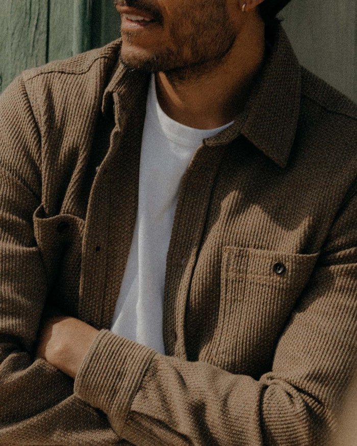 fit model with The Utility Shirt in Cypress Sashiko buttoned up