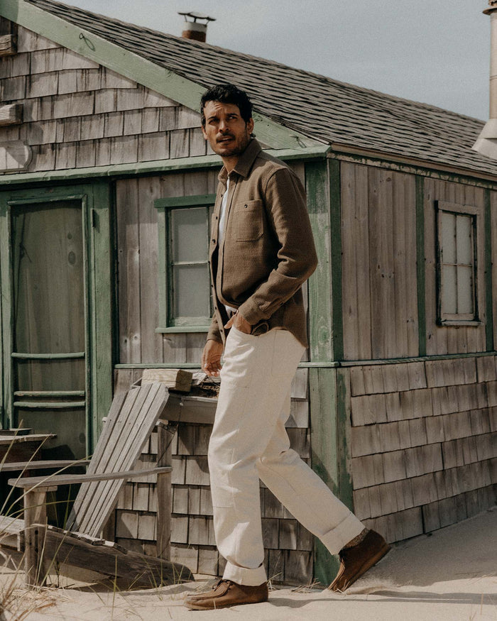 fit model showing off the buttons on The Utility Shirt in Cypress Sashiko