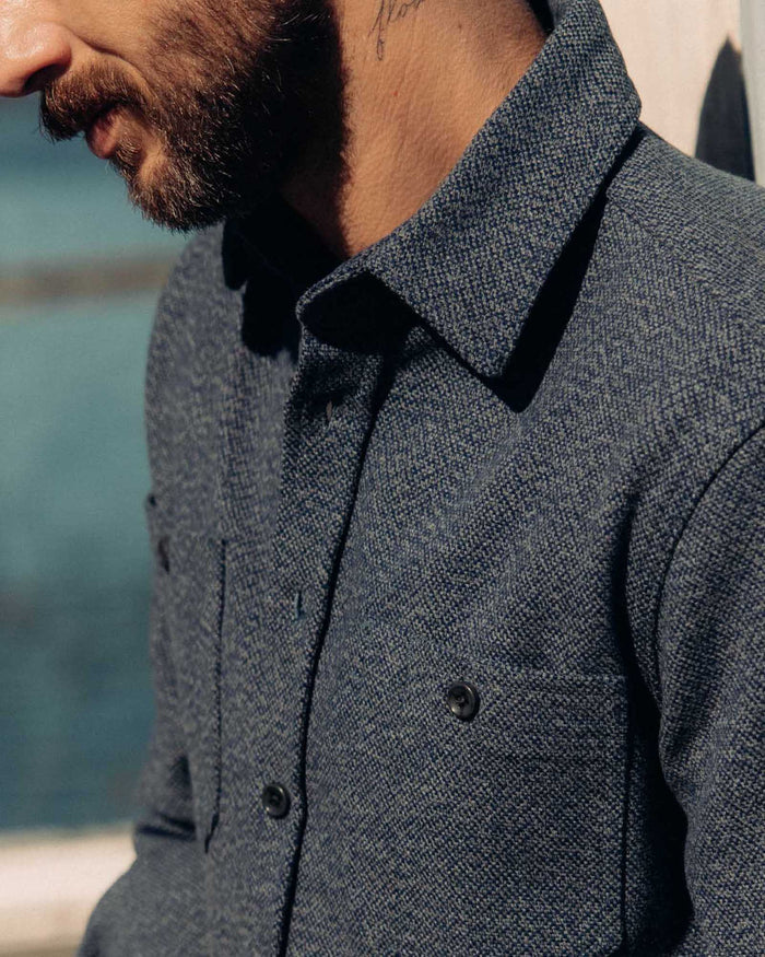 fit model showing off the shoulders on The Utility Shirt in Indigo Ash Wool Canvas