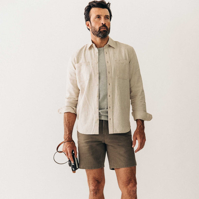 fit model showing off The Utility Shirt in Natural Nep