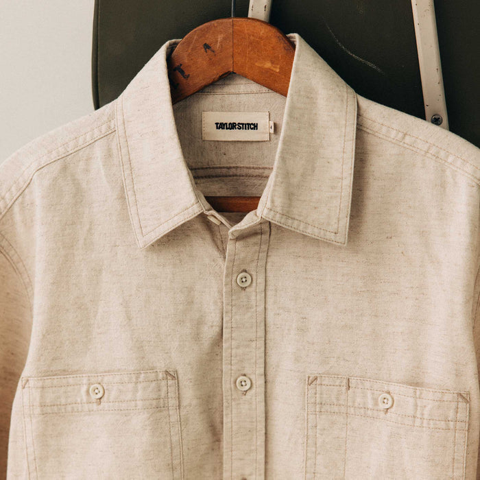 editorial image of The Utility Shirt in Natural Nep on a hanger
