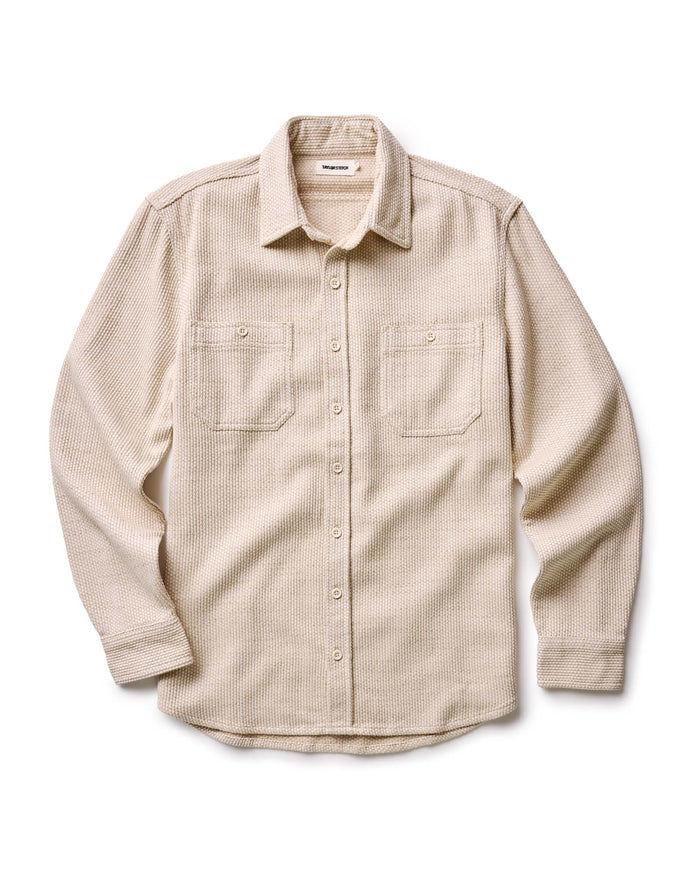fit model leaning against the wall in The Utility Shirt in Natural Sashiko