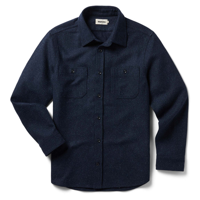 flatlay of The Utility Shirt in Navy Donegal Wool