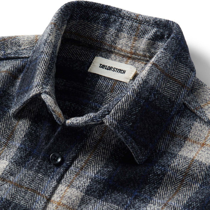 material shot of the collar on The Utility Shirt in Navy Jaspe Herringbone Plaid