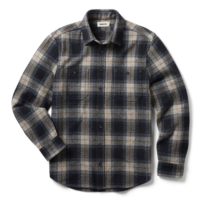 flatlay of The Utility Shirt in Navy Jaspe Herringbone Plaid