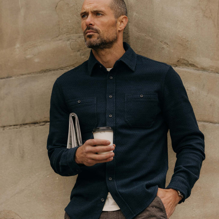 fit model with his hand in his pocket wearing The Utility Shirt in Navy Sashiko